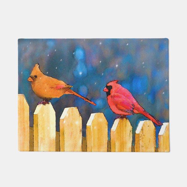 Cardinals on the Fence Painting - Original Art Doormat (Front)