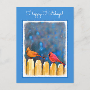 Cardinals on the Fence Painting - Original Art Holiday Postcard