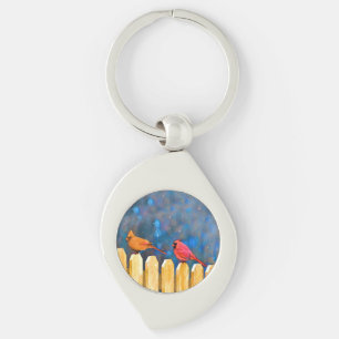 Cardinals on the Fence Painting - Original Art Key Ring
