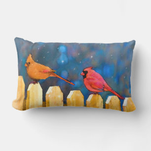 Cardinals on the Fence Painting - Original Art Lumbar Cushion