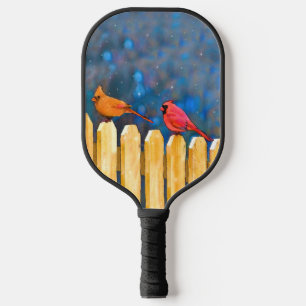 Cardinals on the Fence Painting - Original Art Pickleball Paddle