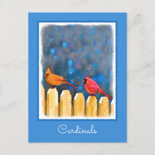 Cardinals on the Fence Painting - Original Art Postcard