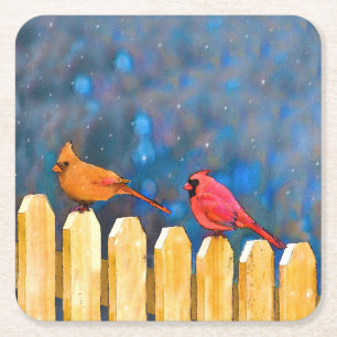 Cardinals on the Fence Painting - Original Art Square Paper Coaster