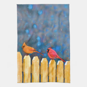 Cardinals on the Fence Painting - Original Art Tea Towel