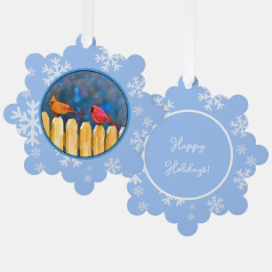 Cardinals on the Fence Painting - Original Art Tree Decoration Card