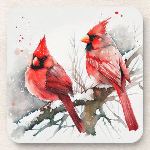 Cardinals on Tree Branch in Christmas Winter Scene Coaster