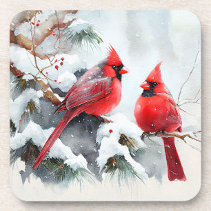 Cardinals on Tree Branch in Christmas Winter Scene Coaster