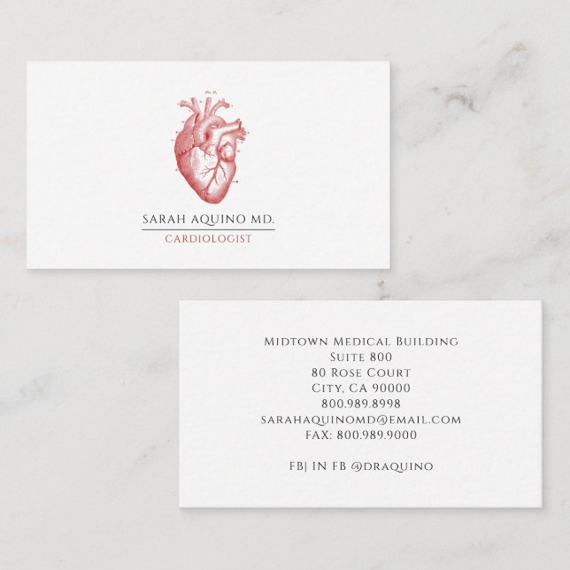 Cardiologist Doctor Anatomical Heart Illustration Business Card (Front/Back)