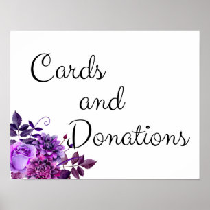 Cards and donations sign. Wedding print purple