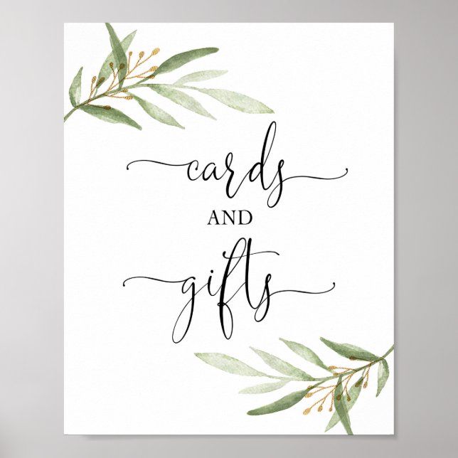 Cards and gifts baby shower sign greenery gold (Front)