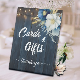 Cards and Gifts Blue Wood String Lights Floral Pedestal Sign