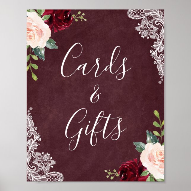 Cards and Gifts Burgundy Red Blush Floral Lace Poster (Front)