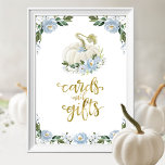 Cards and Gifts Greenery Fall Baby Shower Sign<br><div class="desc">Lovely blue floral watercolor, faux foil calligraphy, pumpkin fall-themed baby shower cards, and gifts sign. Easy to personalise with your details. Please get in touch with me via chat if you have questions about the artwork or need customisation. PLEASE NOTE: For assistance on orders, shipping, product information, etc., contact Zazzle...</div>