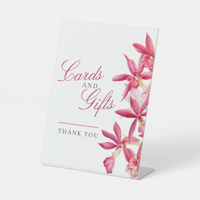 Cards and gifts red orchid watercolor wedding pedestal sign (Front)
