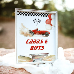 Cards and gifts red race car Birthday party Poster