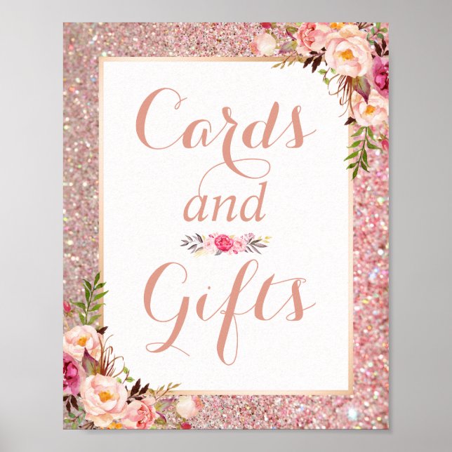 Cards and Gifts Rose Gold Glitter Floral Wedding Poster (Front)