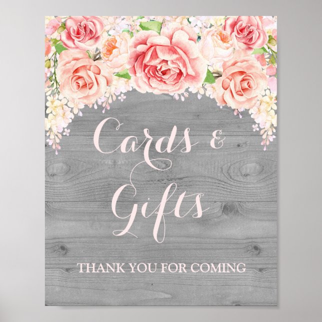 Cards and Gifts Sign Pink Watercolor Floral Wood (Front)
