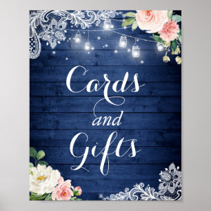 Cards and Gifts Sign Rustic Blue Lights Floral