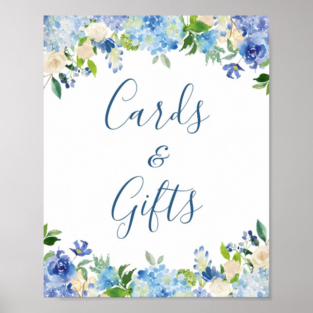 Cards and Gifts Wedding Sign Blue Hydrangea Floral (Front)