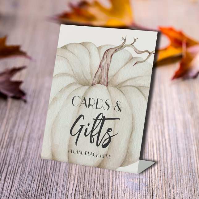 Cards and Gifts White Pumpkin Baby Shower Pedestal Sign (Cards and Gifts white pumpkin baby shower tabletop pedestal sign)