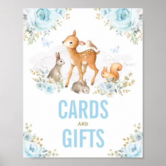 Cards & Gifts Pastel Blue Floral Woodland Animals Poster (Front)