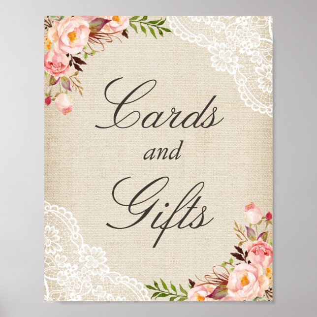Cards & Gifts Sign - Rustic Burlap Lace Floral (Front)