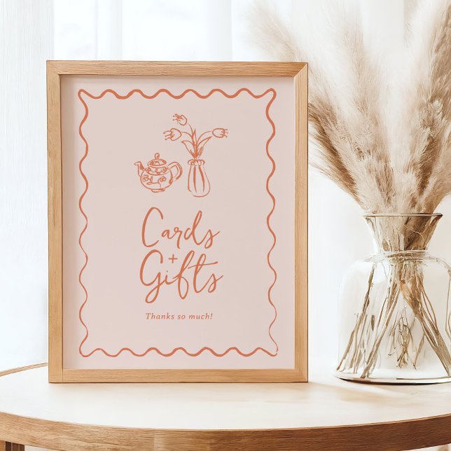 Cards & Gifts Sign with Whimsical Illustrations (handwritten cards and gifts sign in peach colour with doodles)