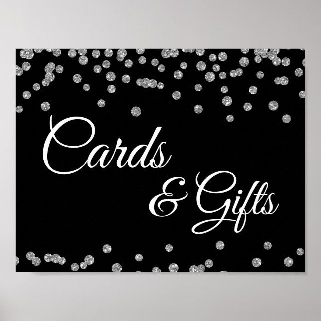 Cards & Gifts Silver Faux Glitter Confetti Black Poster (Front)