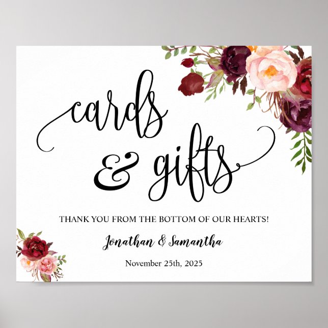 Cards & Gifts wedding reception boho marsala sign (Front)