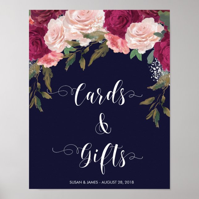 Cards Gifts wedding sign navy pink florals (Front)