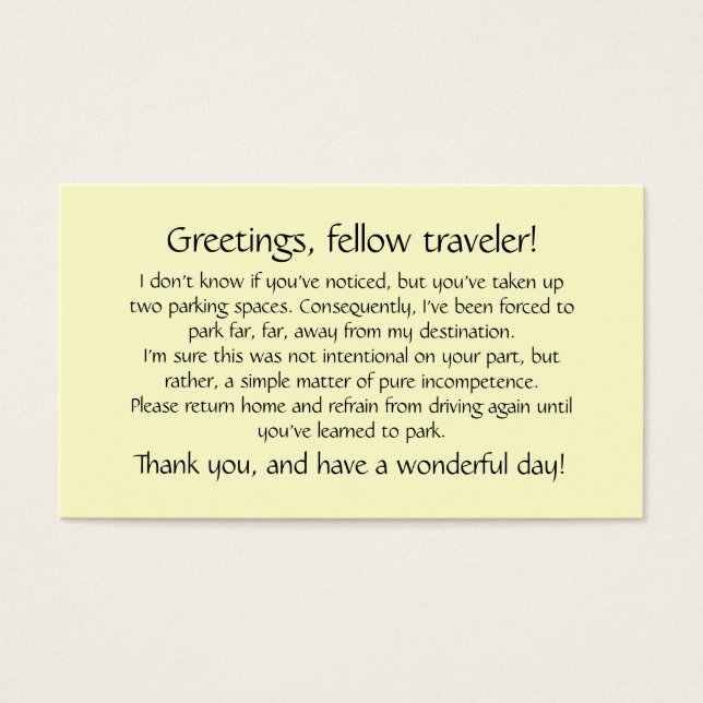 Cards to leave on others' windshields. (Front)