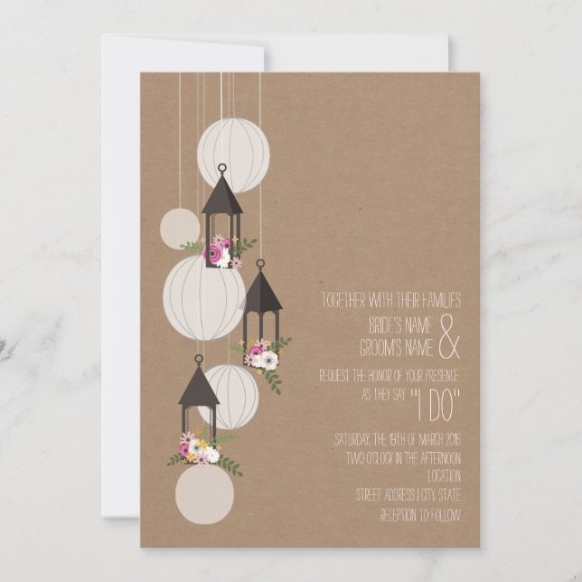 Cardstock Inspired Floral Lanterns Wedding Invitation (Front)