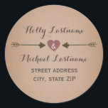 Cardstock Inspired Heart With Arrows Address Classic Round Sticker<br><div class="desc">A wedding address sticker featuring an illustration of a red heart between two arrows. Background is card stock inspired.  Personalise the text with your names and address.</div>