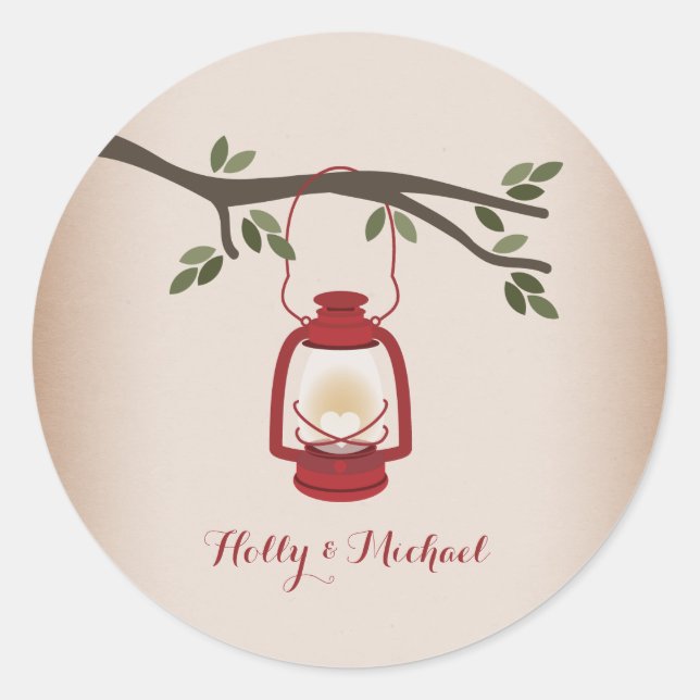 Cardstock Inspired Red Camping Lantern Wedding Classic Round Sticker (Front)
