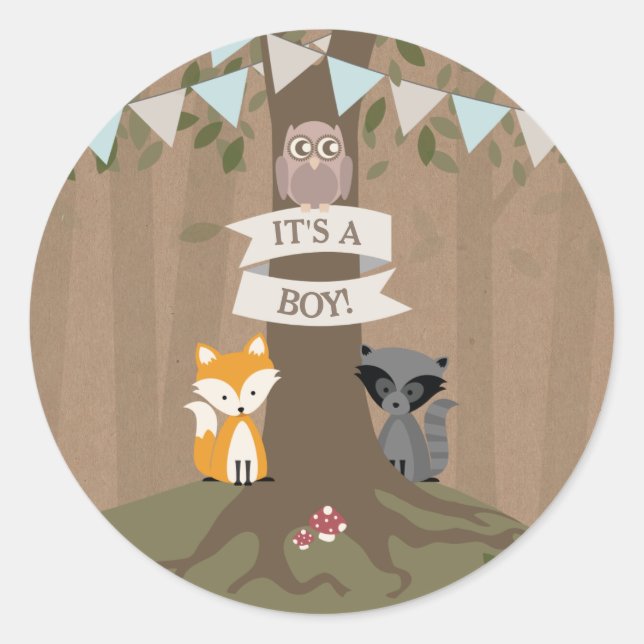 Cardstock Inspired Woodland Baby Shower Boy Classic Round Sticker (Front)