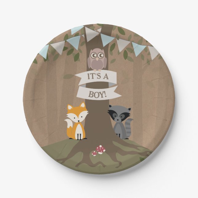 Cardstock Inspired Woodland Boy Baby Shower Paper Plate (Front)