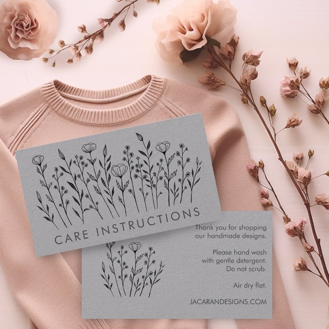 CARE INSTRUCTIONS Chic Elegant Wildflower Luxe  Business Card (Custom "care instructions" business card with wildflower line art)