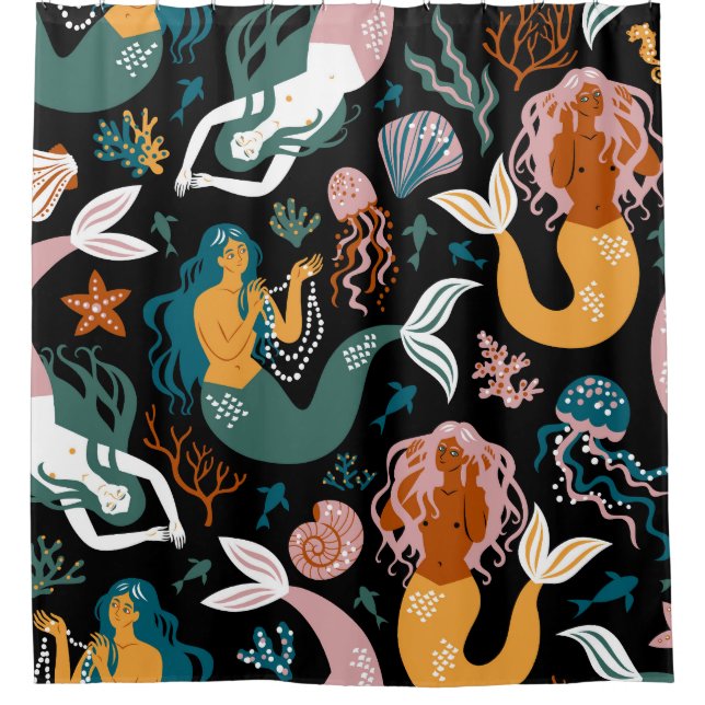 Carefree Mermaids Seashells Vintage Design Shower Curtain (Front)