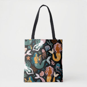 Carefree Mermaids Seashells Vintage Design Tote Bag