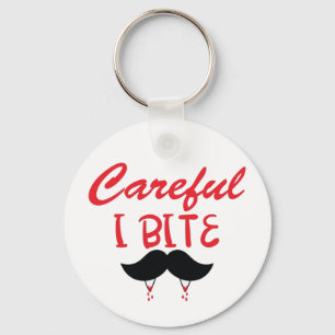 Careful I Bite – Moustache and Vampire Teeth Key Ring