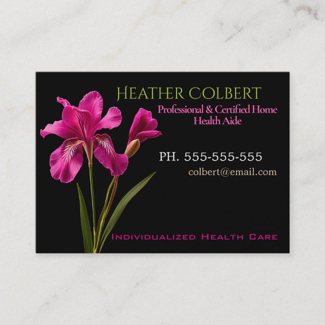Caregiver Elegant Pink Iris Professional  Business Card (Front)