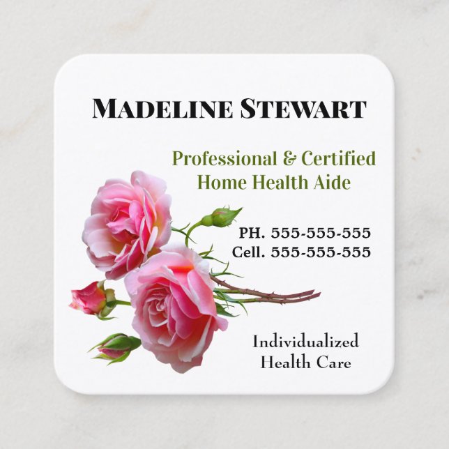Caregiver Fresh Pink Rose Square Professional Business Card (Front)