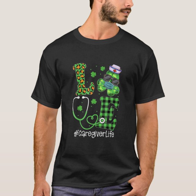 Caregiver Love Patrick Day Leopard Stethoscope T-Shirt (Front)