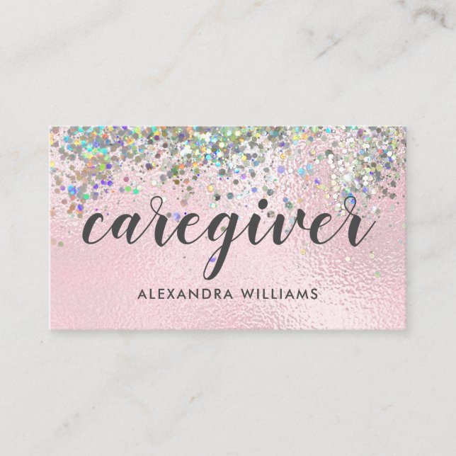Caregiver Modern Holographic Glitter Medical Pink Business Card (Front)