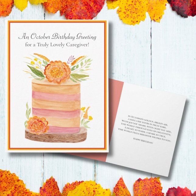 Caregiver October Birthday Marigolds on Cake Card (Creator Uploaded)