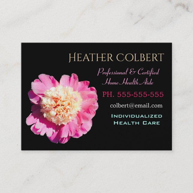 Caregiver Peony Pink Flower Cheerful Professional  Business Card (Front)