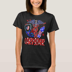 Caregiver Stethoscope Fireworks American Flag 4th T-Shirt