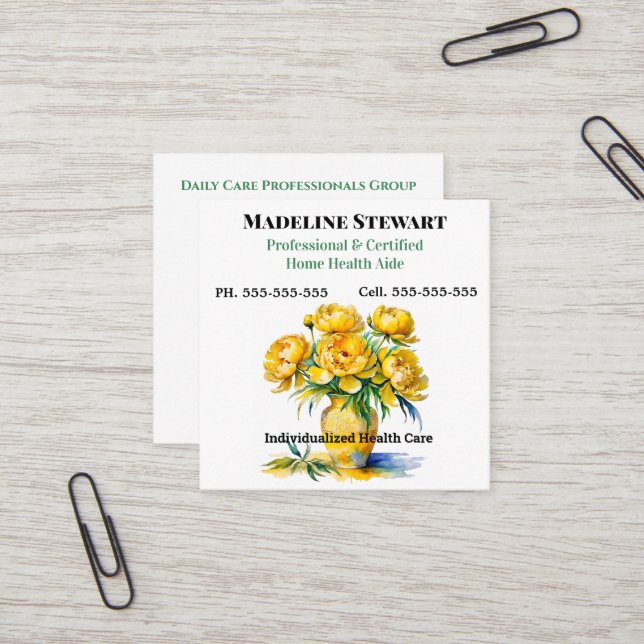 Caregiver Yellow Peony Square Professional Business Card (Front/Back In Situ)