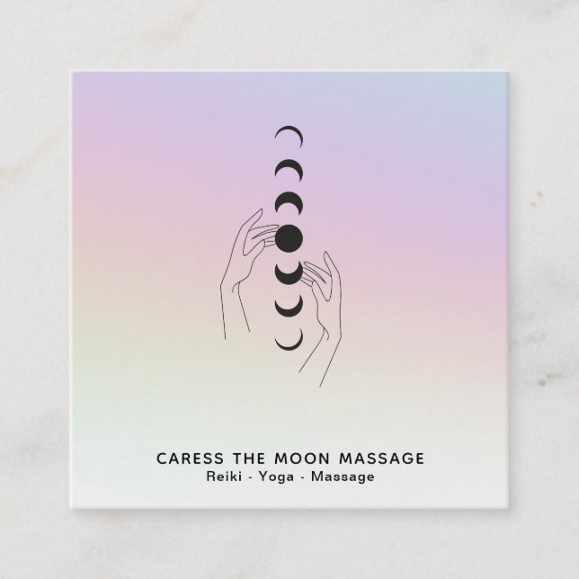 *~* Caress The Moon Phases Celestial Hands Rainbow Square Business Card (Front)