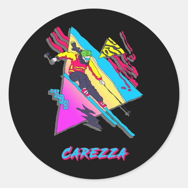 Carezza Colourful Retro Skiing Graphic Adventure  Classic Round Sticker (Front)